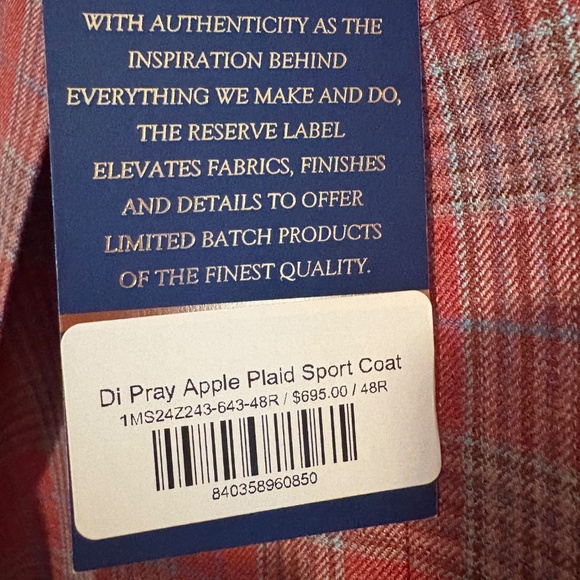 NWT Onward Reserve Di Pray Apple Plaid Sport Coat in Apple- 48R - Picture 4 of 5